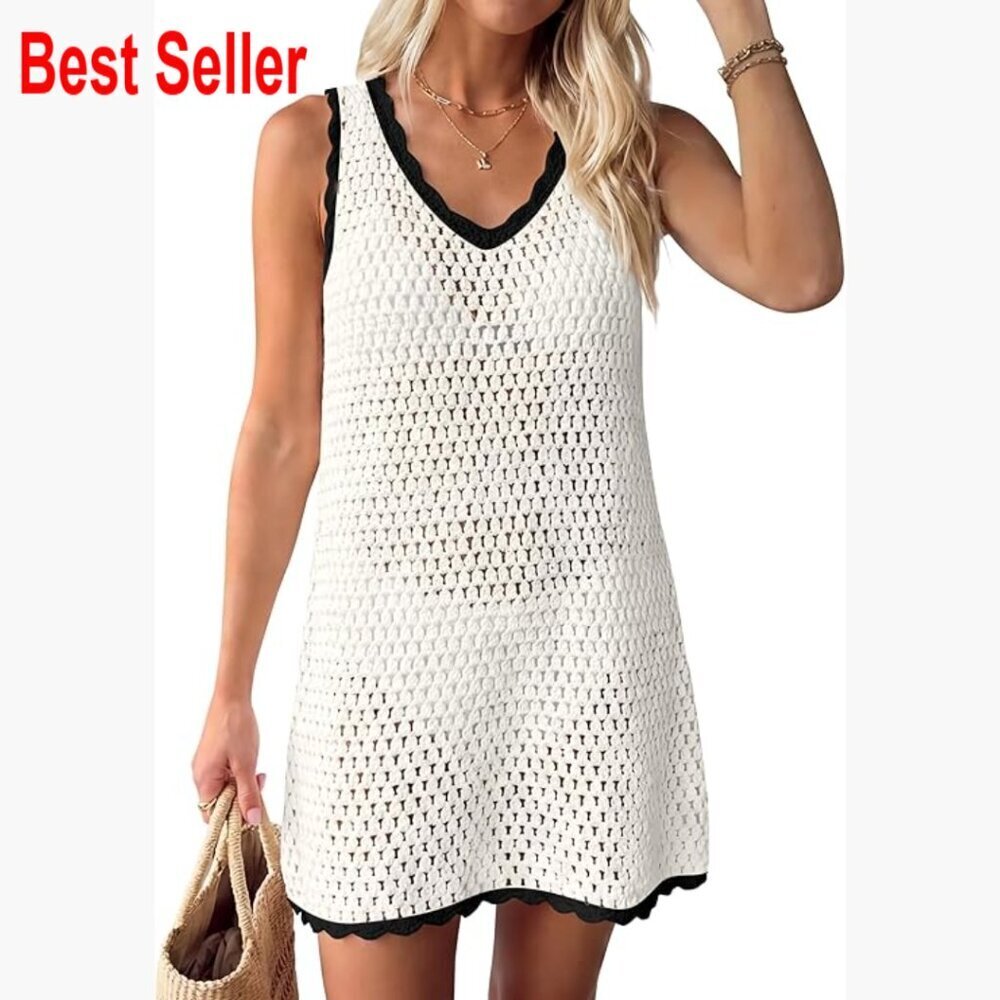 V-Neck Crochet Backless Swimsuit Cover Up Dress 100% Acrylic